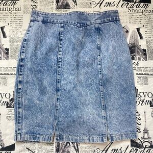 Vintage 80s acid stone wash denim mini midi skirt knee length basque waist